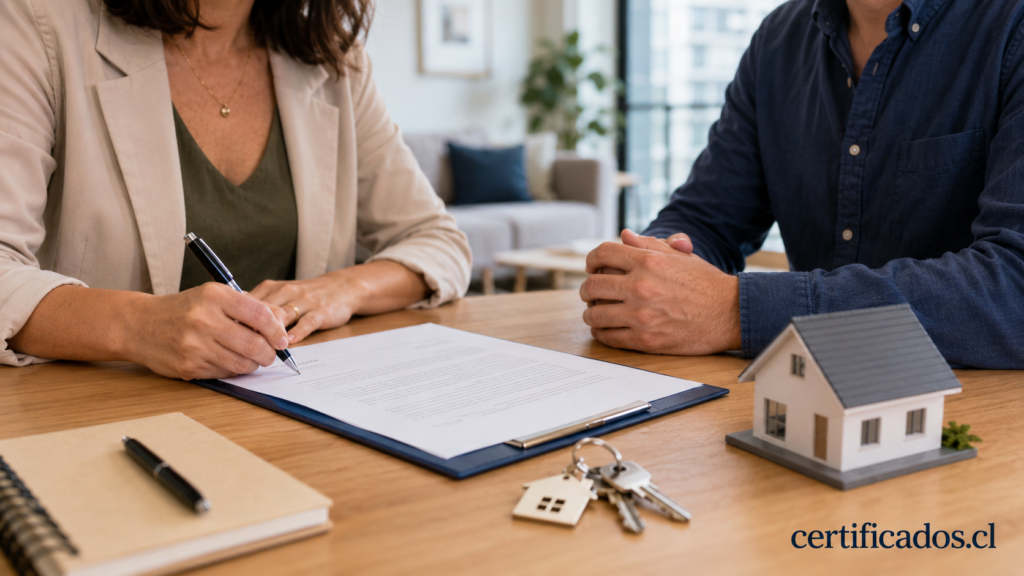 Firma de acuerdo de arriendo junto a llaves de vivienda en Chile
