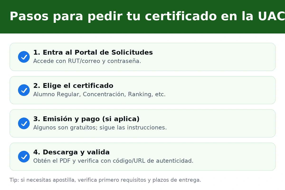 Pasos para pedir certificados UACH: Portal de Solicitudes, elección del documento, emisión/pago y descarga en PDF