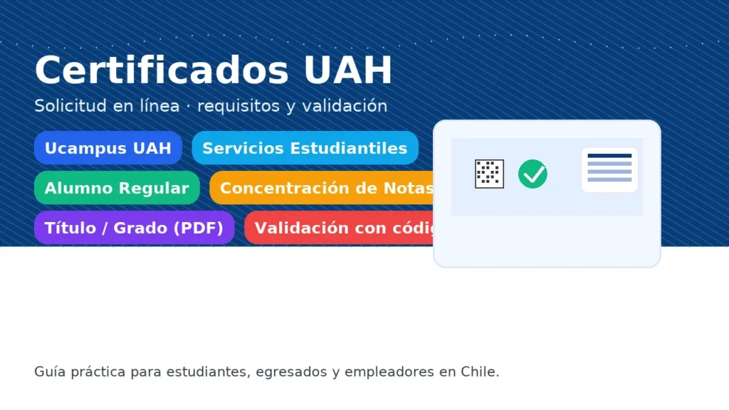 Certificados UAH: alumno regular, concentración de notas, título y grado — solicitud en Ucampus y validación por código/QR