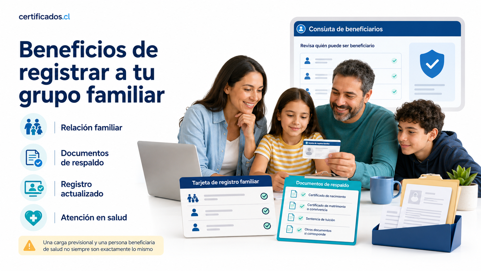 Pasos para identificar la relación familiar, reunir documentos, confirmar el registro y solicitar una actualización