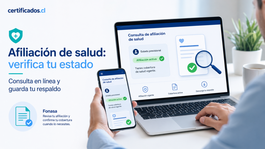 Persona consultando en línea su estado de afiliación de salud en Fonasa y guardando un respaldo digital