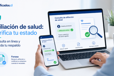 Persona consultando en línea su estado de afiliación de salud en Fonasa y guardando un respaldo digital