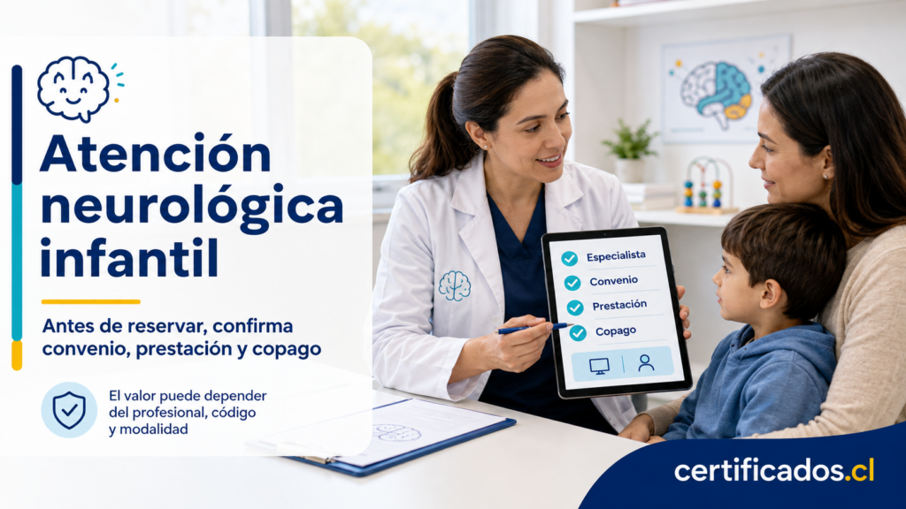 Familia y neuróloga infantil revisando especialista, convenio, prestación y copago