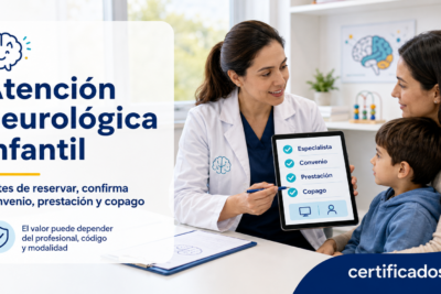 Familia y neuróloga infantil revisando especialista, convenio, prestación y copago