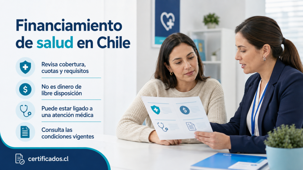 Infografía sobre financiamiento de salud en Chile, cobertura, cuotas y requisitos para afiliados a Fonasa.