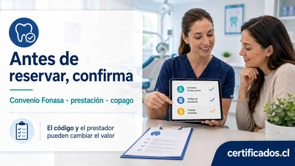 Paciente y dentista revisando convenio Fonasa, prestación y copago antes de reservar