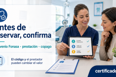 Paciente y dentista revisando convenio Fonasa, prestación y copago antes de reservar