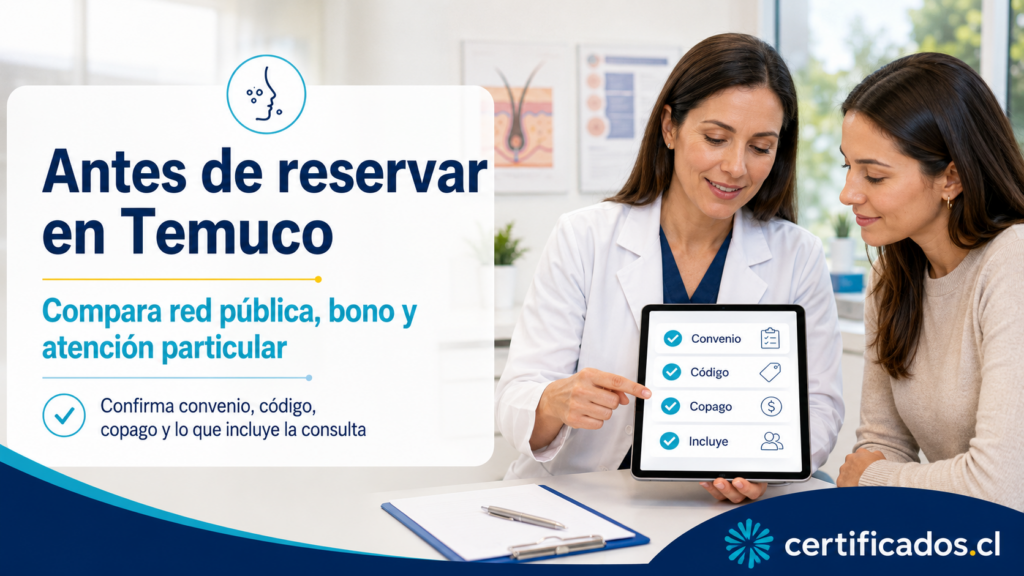 Paciente y dermatóloga revisando convenio Fonasa, código, copago y cobertura en Temuco
