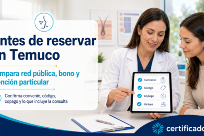 Paciente y dermatóloga revisando convenio Fonasa, código, copago y cobertura en Temuco