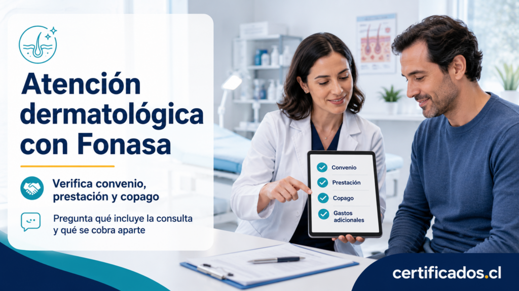 Paciente y dermatóloga revisando convenio Fonasa, prestación, copago y gastos adicionales