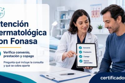Paciente y dermatóloga revisando convenio Fonasa, prestación, copago y gastos adicionales
