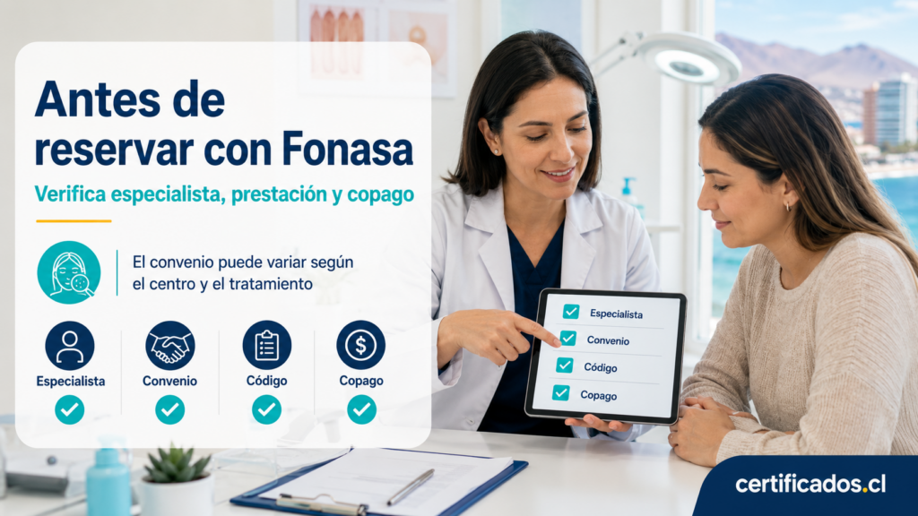 Paciente y dermatóloga revisando especialista, convenio, código y copago en Antofagasta