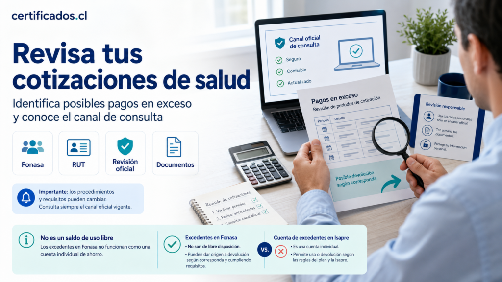 Persona revisando cotizaciones de salud Fonasa, posibles pagos en exceso y el canal oficial de consulta