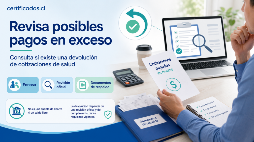 Persona revisando posibles pagos en exceso y una devolución de cotizaciones de salud en Fonasa