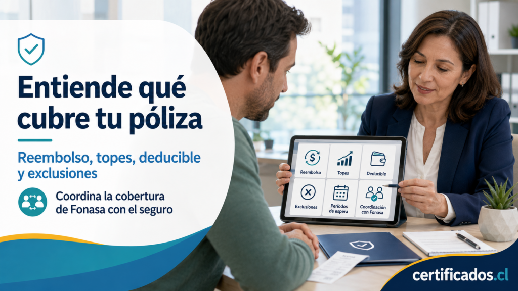 Persona revisando reembolso, topes, deducible y exclusiones de un seguro complementario para Fonasa.