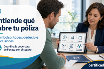 Persona revisando reembolso, topes, deducible y exclusiones de un seguro complementario para Fonasa.