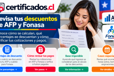 Mujer revisando una liquidación de sueldo con información sobre cotizaciones de AFP y Fonasa en Chile.