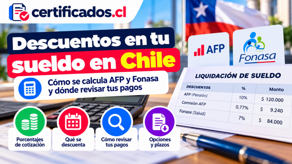 Guía visual sobre descuentos de AFP y Fonasa en Chile, porcentajes de cotización y revisión de pagos.