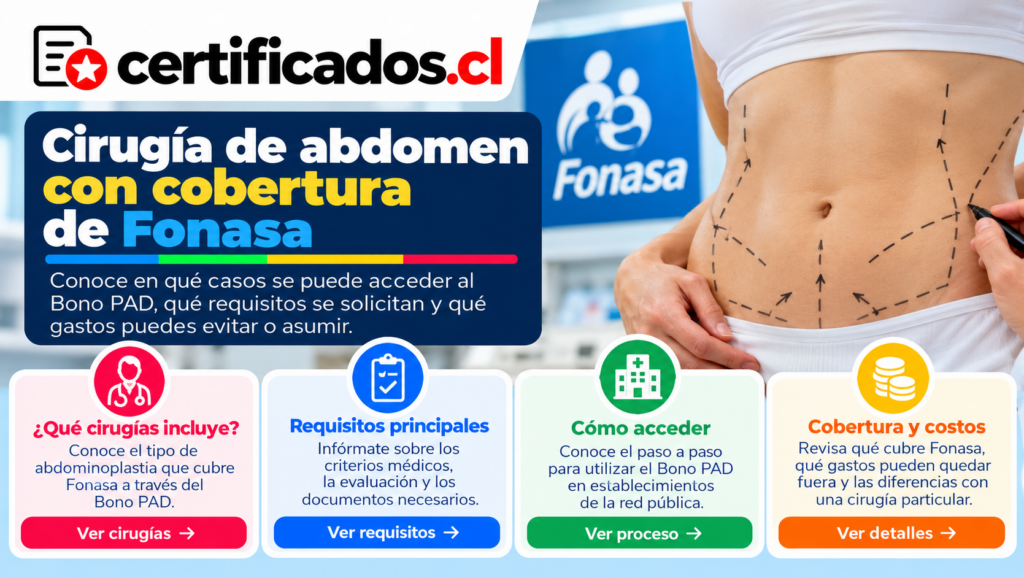 Ilustración informativa sobre cobertura de cirugía abdominal mediante Bono PAD de Fonasa en Chile.