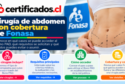 Ilustración informativa sobre cobertura de cirugía abdominal mediante Bono PAD de Fonasa en Chile.