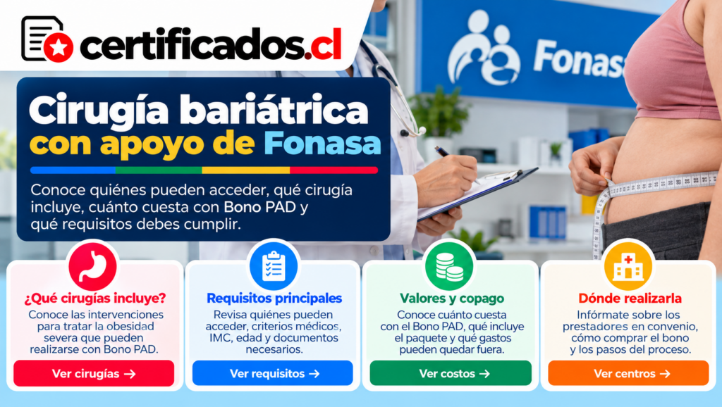 Guía visual sobre cirugía bariátrica con Fonasa, requisitos médicos, Bono PAD, copago y centros en convenio en Chile.