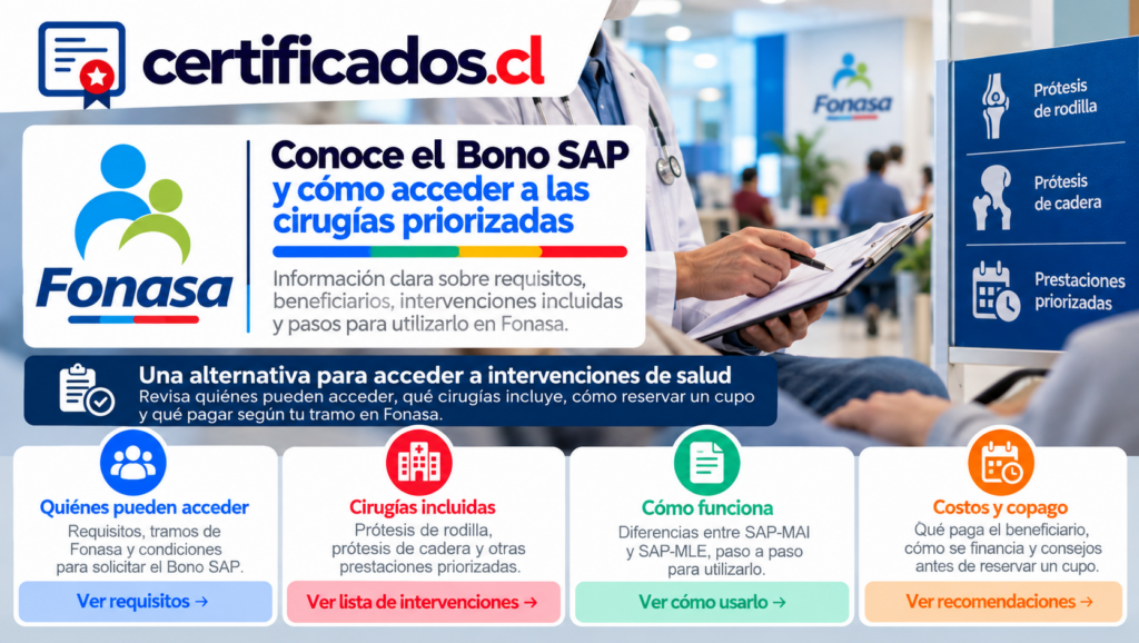 Información visual sobre beneficios Fonasa para cirugías priorizadas, requisitos de acceso, prestaciones incluidas y copagos.