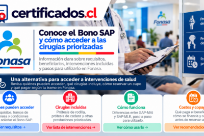 Información visual sobre beneficios Fonasa para cirugías priorizadas, requisitos de acceso, prestaciones incluidas y copagos.