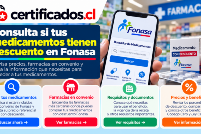 Infografía sobre medicamentos con descuento en Fonasa, con información para consultar precios, farmacias en convenio, requisitos, recetas y beneficios disponibles.