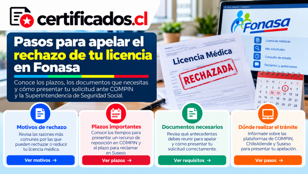 Guía visual sobre cómo apelar una licencia médica rechazada en Fonasa, con información sobre plazos, documentos, motivos de rechazo y canales de presentación ante COMPIN y SUSESO.