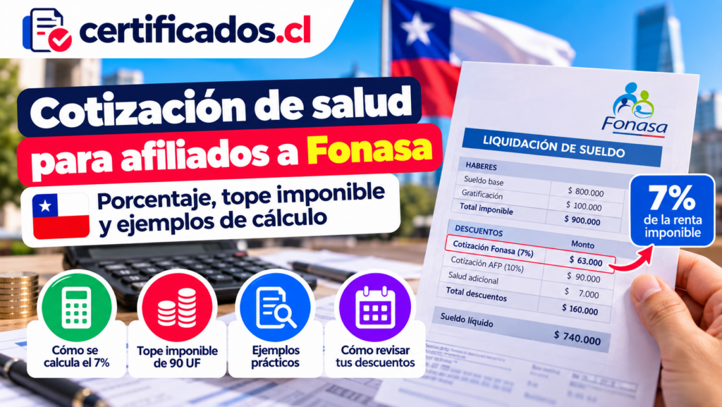 Cotización de salud en Fonasa en Chile, con cálculo del 7%, tope imponible de 90 UF y ejemplos de descuentos.