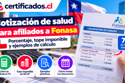 Cotización de salud en Fonasa en Chile, con cálculo del 7%, tope imponible de 90 UF y ejemplos de descuentos.
