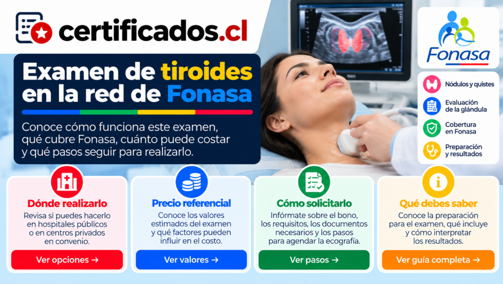 Ecografía de tiroides para afiliados de Fonasa, con información sobre cobertura, valores, preparación y realización del examen en Chile.