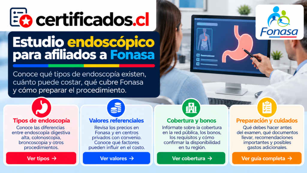 Guía visual sobre endoscopia para afiliados a Fonasa, con información sobre tipos de procedimientos, valores referenciales, cobertura, bonos y preparación.