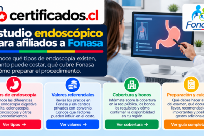 Guía visual sobre endoscopia para afiliados a Fonasa, con información sobre tipos de procedimientos, valores referenciales, cobertura, bonos y preparación.