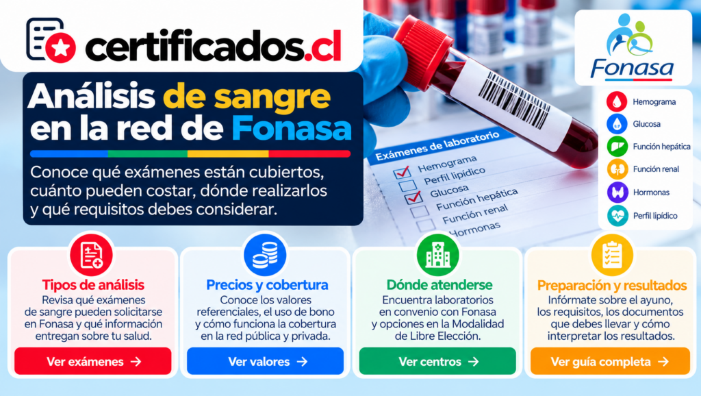 Guía visual sobre exámenes de sangre, cobertura de Fonasa, precios, centros de atención y preparación en Chile.