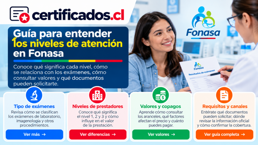 Guía visual sobre exámenes Fonasa nivel 1, niveles de prestadores, valores y copagos en Chile.