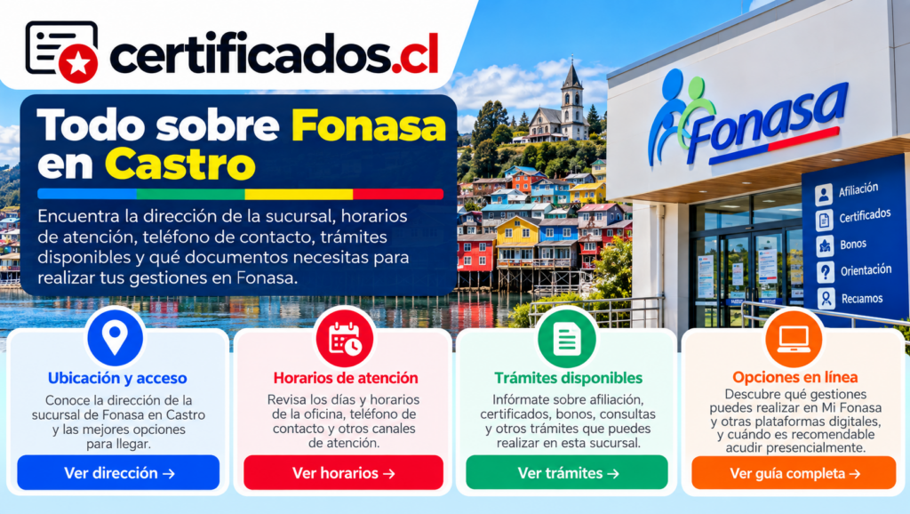 Guía de Fonasa en Castro con información sobre ubicación, horarios de atención, trámites, documentos y opciones en línea.