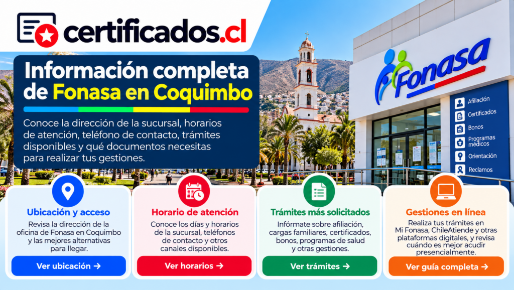 Guía visual de Fonasa en Coquimbo con información sobre ubicación, horarios, trámites y gestiones disponibles en línea.