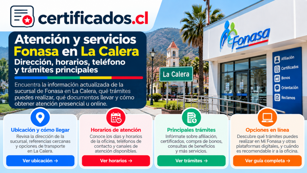 Atención de Fonasa en La Calera con información sobre ubicación, horarios, trámites, teléfono y opciones de atención en línea.