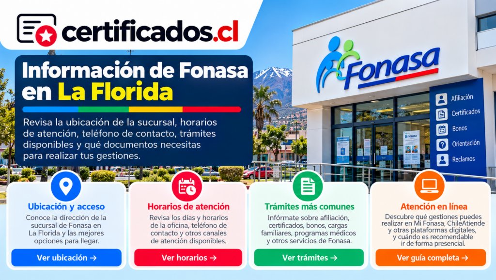 Información de Fonasa en La Florida sobre ubicación de la sucursal, horarios, trámites frecuentes y atención en línea.