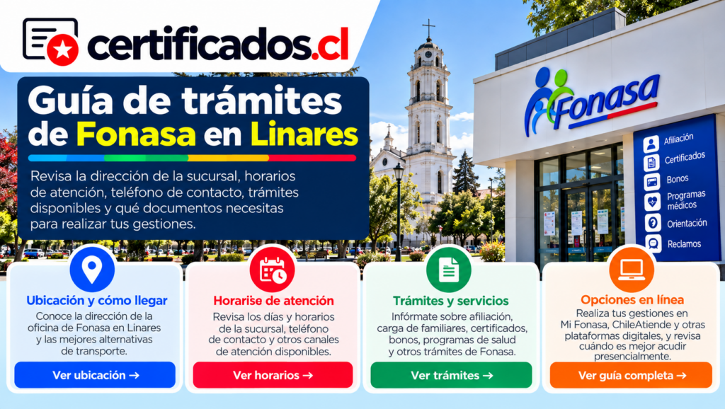 Guía visual sobre servicios, ubicación y trámites de Fonasa para afiliados en Linares.