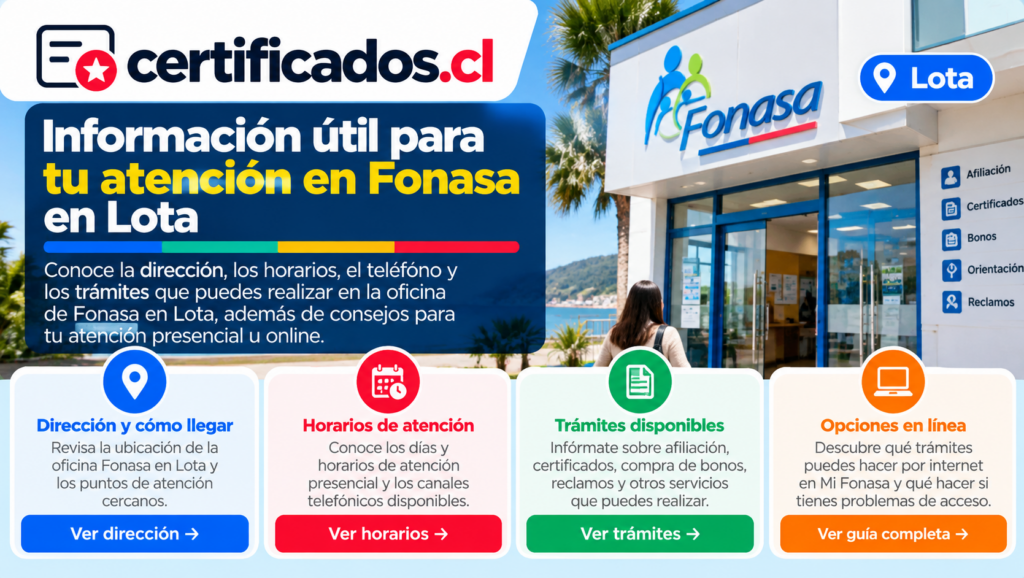 Información sobre atención de Fonasa en Lota, con dirección, horarios, trámites y opciones de atención en línea.