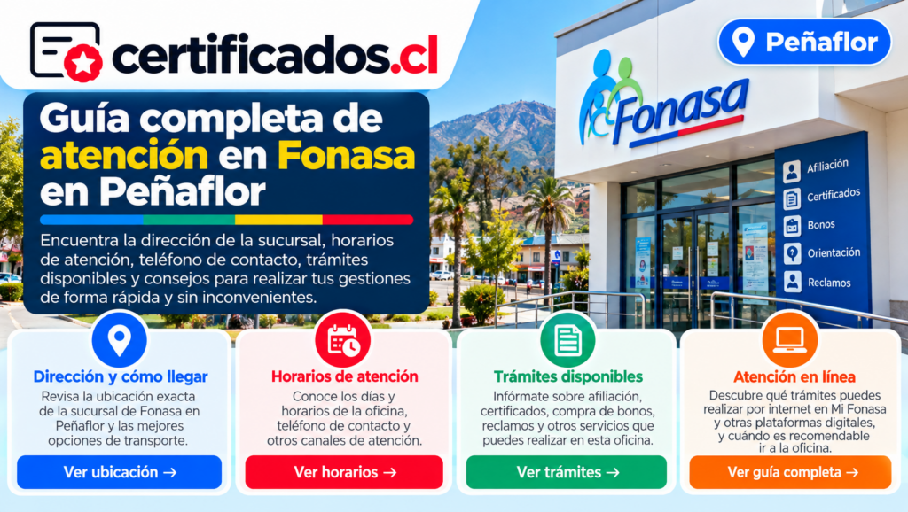 Guía de atención de Fonasa en Peñaflor con información sobre ubicación, horarios, trámites, teléfono y servicios en línea.