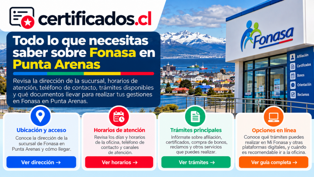 Guía visual de Fonasa en Punta Arenas con información sobre ubicación, horarios, trámites, teléfono y opciones de atención en línea.