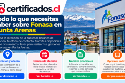 Guía visual de Fonasa en Punta Arenas con información sobre ubicación, horarios, trámites, teléfono y opciones de atención en línea.