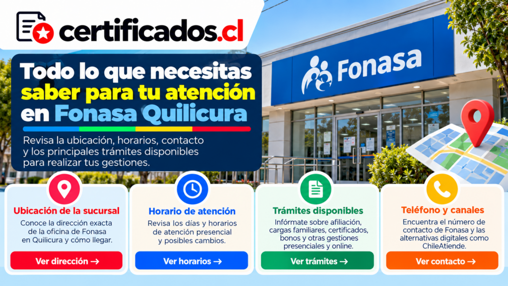 Guía visual sobre atención de Fonasa en Quilicura, con información de ubicación, horarios, trámites y canales de contacto