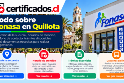 Guía visual de Fonasa en Quillota con información sobre ubicación, horarios, trámites y opciones de atención en línea.