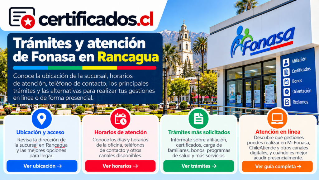Trámites de Fonasa en Rancagua con información sobre ubicación, horarios, servicios más solicitados y atención en línea.