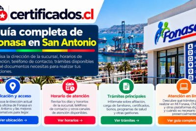 Guía visual de Fonasa en San Antonio con información sobre ubicación, horarios, trámites y opciones de atención en línea.