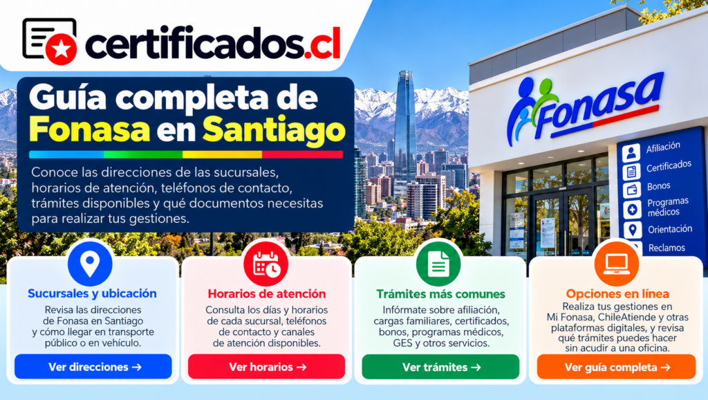 Guía visual de sucursales, horarios y trámites de Fonasa disponibles en Santiago